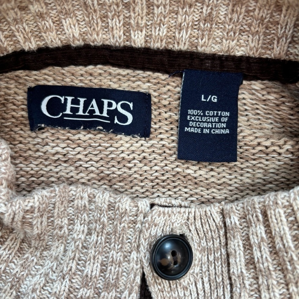 Chaps Men Beige Brown Quarter Button Long Sleeve Elbow Patch Cotton Knit sweater - Picture 11 of 16